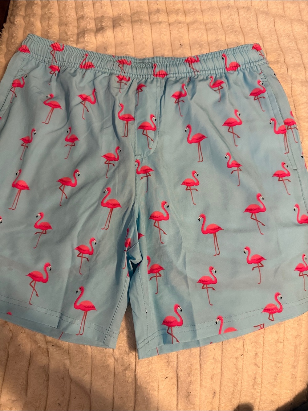 Light Blue Flamingo-Print Men's Swim Trunks